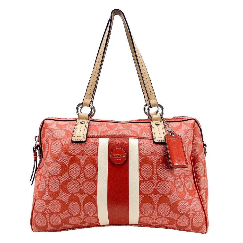 COACH Vermillion Red Signature Stripe PVC Satchel Handbag - E1394-F24362 - Picture 1 of 16